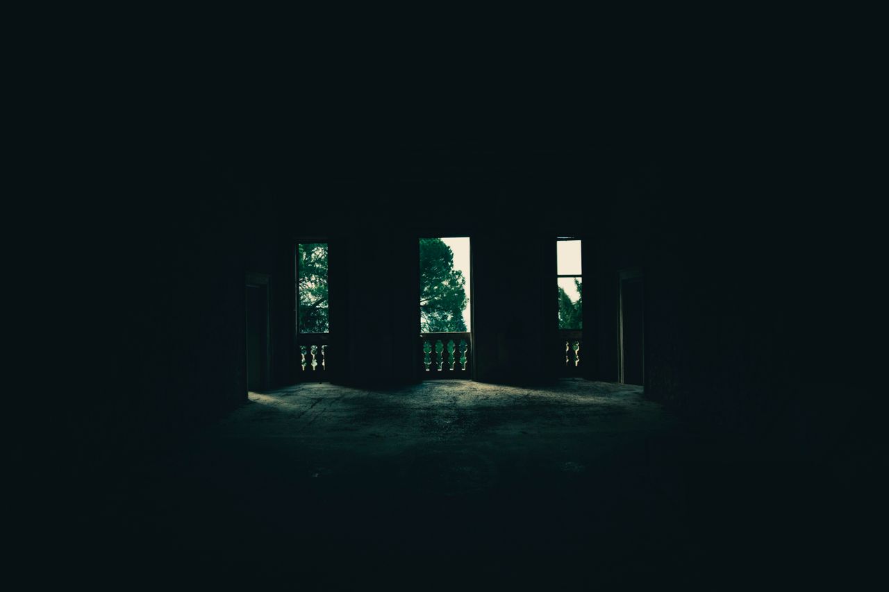 Eerie interior of an empty building with windows showing trees outside, evoking mystery.